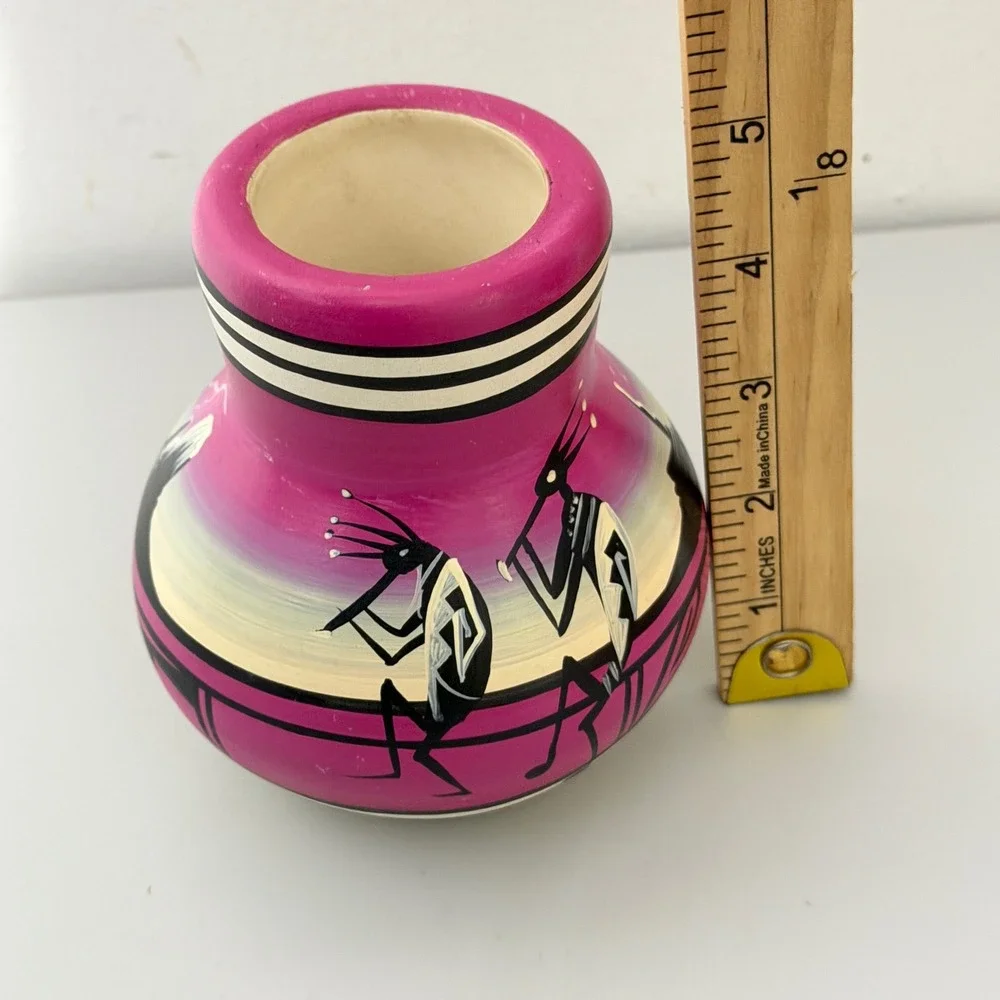 Yanito Pottery Vase Navajo Magenta Kokopelli Hand Painted Southwestern Decor